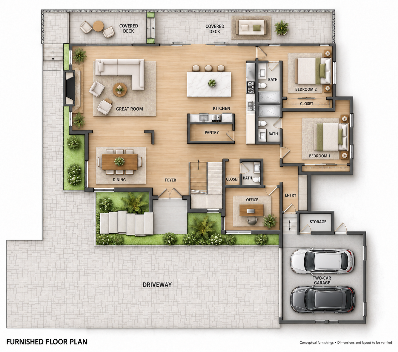 First-floor plan showing the great room, two bedrooms, office, covered decks and garage